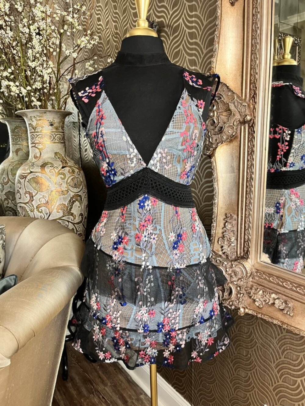 Self-Portrait floral-embroidered tulle tiered  intricate sheer panels dress